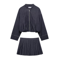 Denim Jacket Coat &amp; Pleated Skirt Two-Piece Set