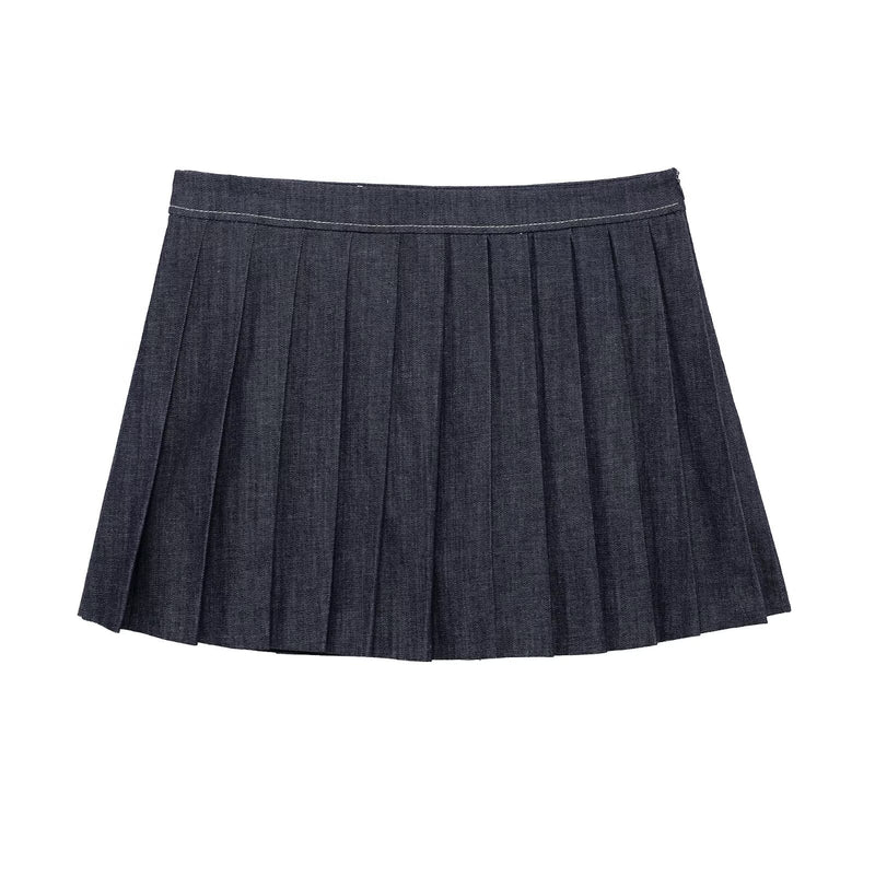 Denim Jacket Coat &amp; Pleated Skirt Two-Piece Set