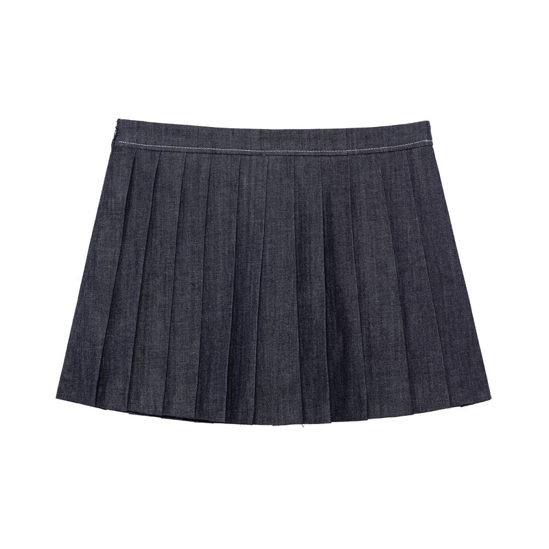 Denim Jacket Coat &amp; Pleated Skirt Two-Piece Set