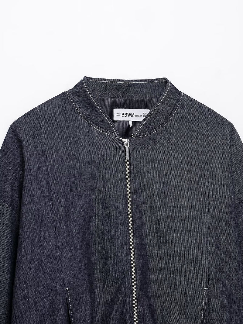 Denim Jacket Coat &amp; Pleated Skirt Two-Piece Set