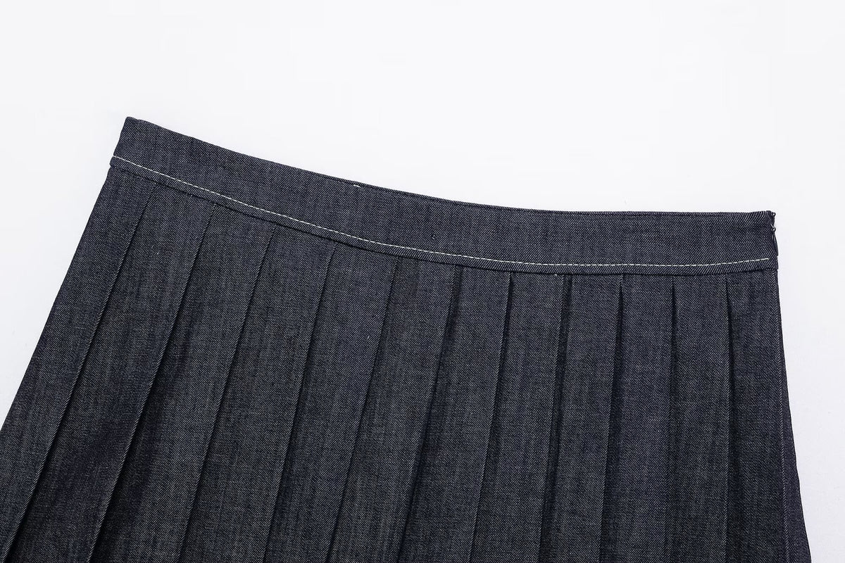 Denim Jacket Coat &amp; Pleated Skirt Two-Piece Set