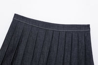 Denim Jacket Coat &amp; Pleated Skirt Two-Piece Set