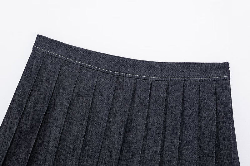 Denim Jacket Coat &amp; Pleated Skirt Two-Piece Set