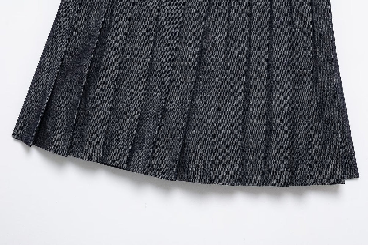 Denim Jacket Coat &amp; Pleated Skirt Two-Piece Set