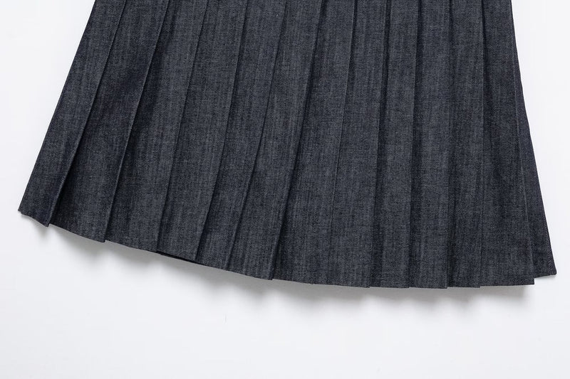 Denim Jacket Coat &amp; Pleated Skirt Two-Piece Set