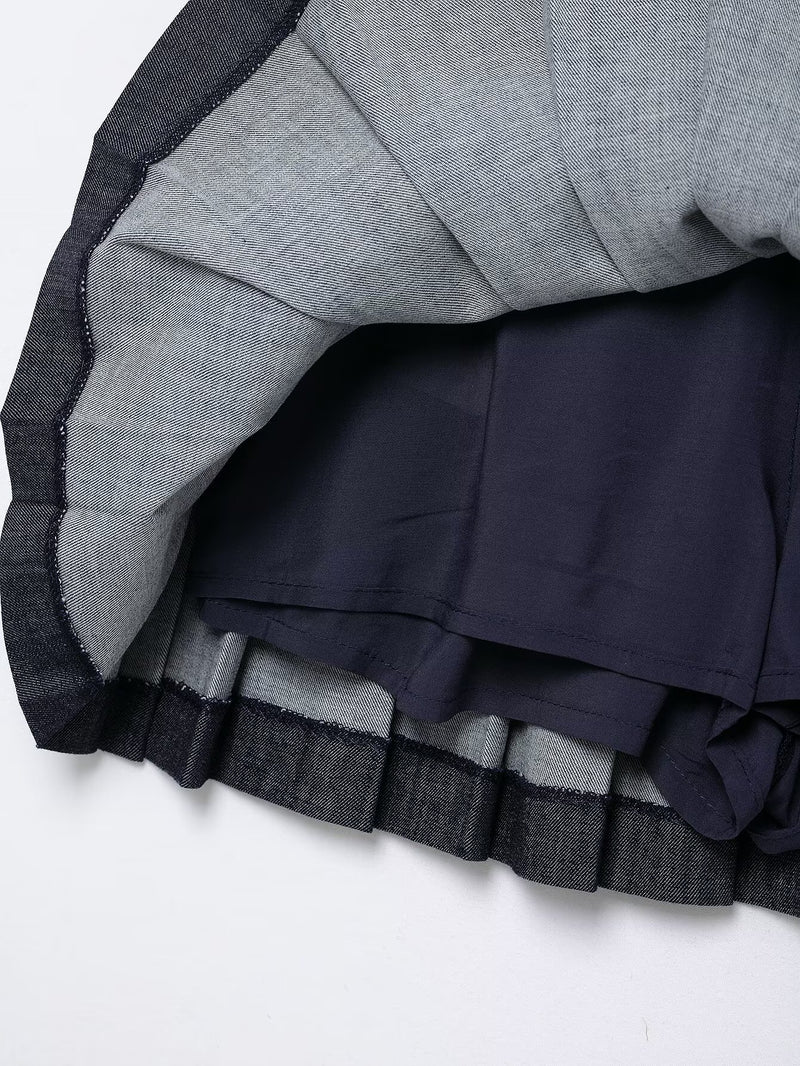 Denim Jacket Coat &amp; Pleated Skirt Two-Piece Set