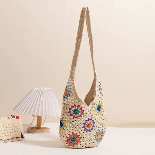 Ribbon Shoulder Large Straw Bag