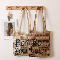 Letter Graphic Embroidered One-Shoulder Straw Bag