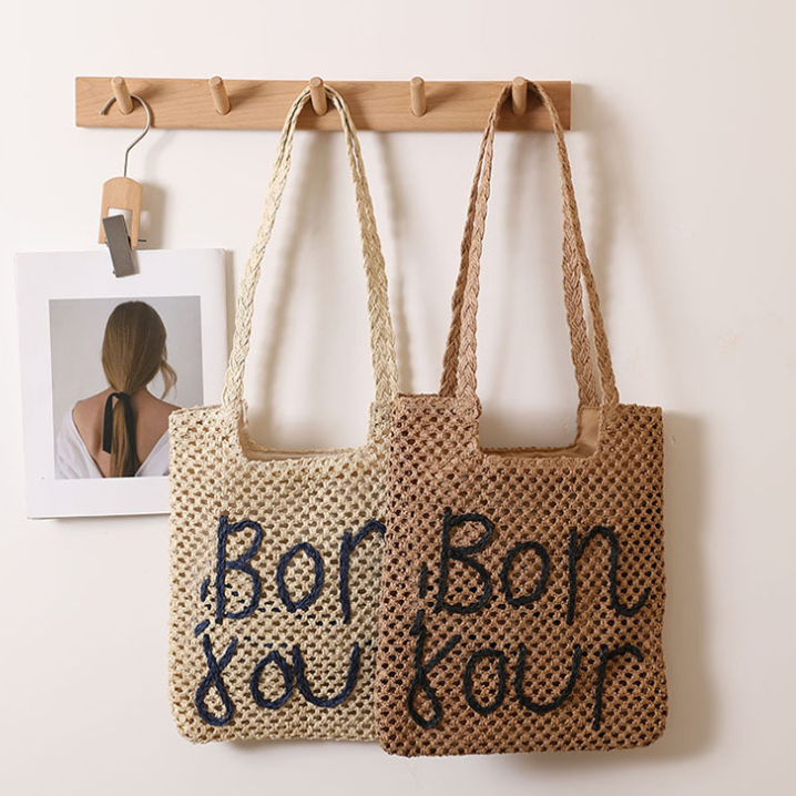 Letter Graphic Embroidered One-Shoulder Straw Bag