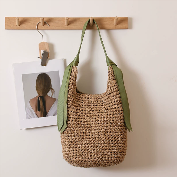 Ribbon Shoulder Straw Bag Large Capacity Solid Color Woven Bag Seaside Vacation Beach Bag Straw Bag