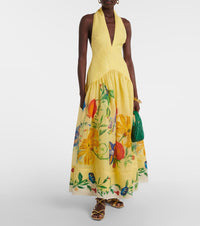 Printed Halter Backless Swing Maxi Dress