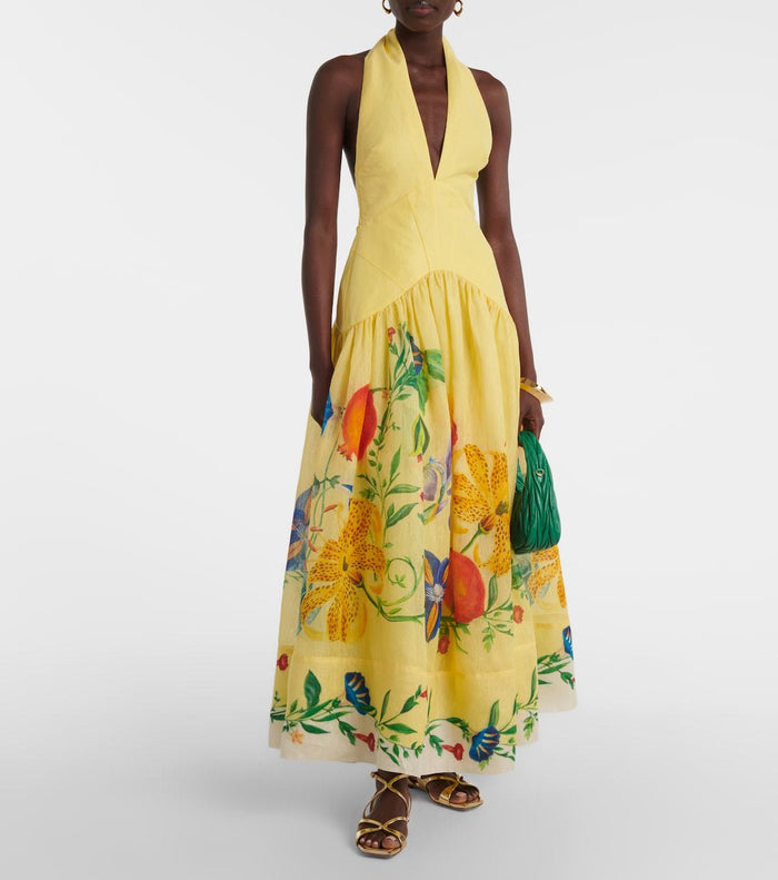 Printed Halter Backless Swing Maxi Dress