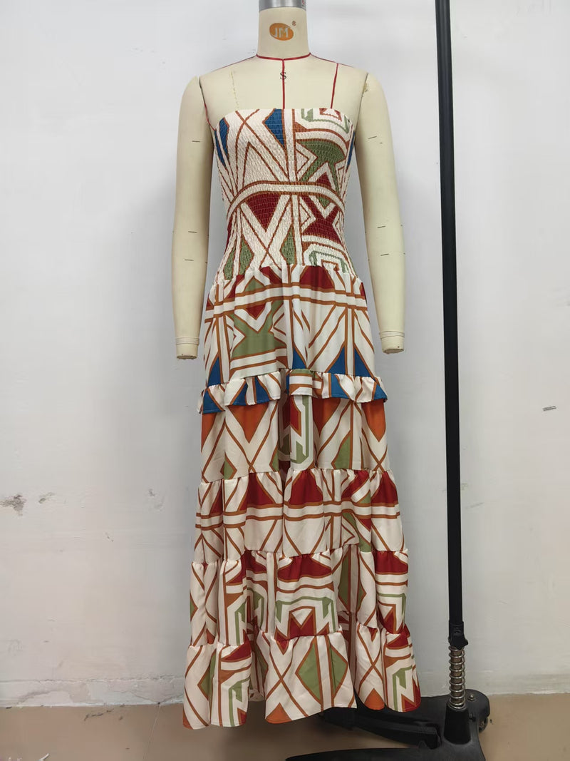 Summer Women Retro Boho High Waist Printing Slip Dress