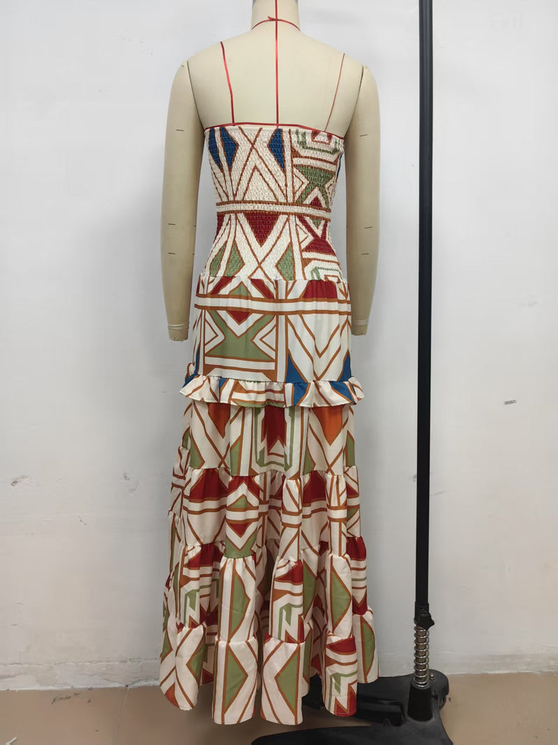 Summer Women Retro Boho High Waist Printing Slip Dress