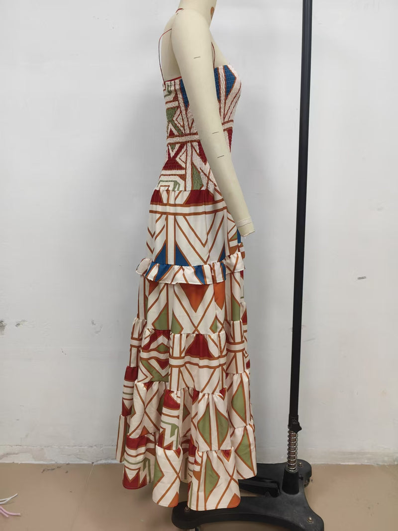 Summer Women Retro Boho High Waist Printing Slip Dress