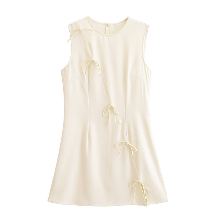 Spring Women Clothing Minimalist Bowknot Lace up Crew Neck Dress