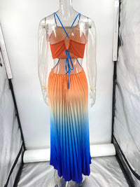 Gradient Pleated Backless Maxi Dress