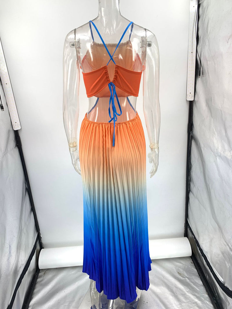 Gradient Pleated Backless Maxi Dress