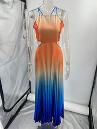 Gradient Pleated Backless Maxi Dress