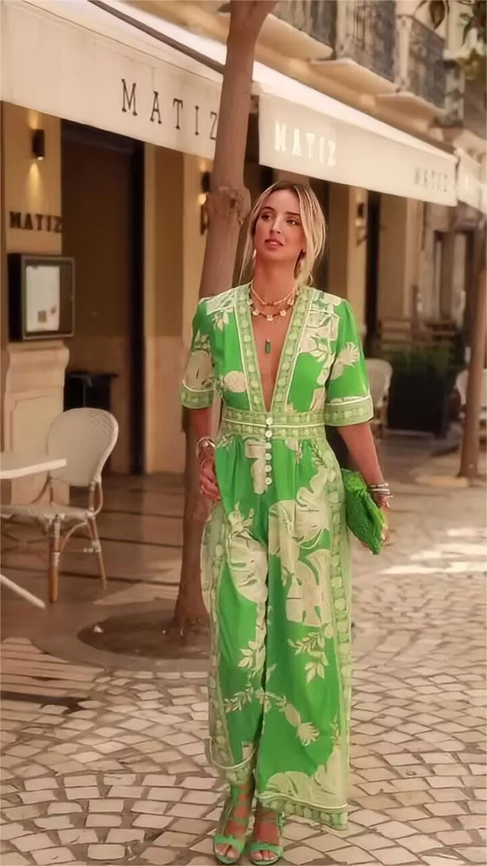Printed V-Neck Short Sleeve Jumpsuit
