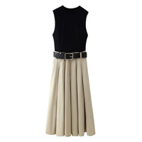 Women Clothing Strap Padded Shoulder Patchwork round Neck Sleeveless Dress