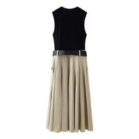 Women Clothing Strap Padded Shoulder Patchwork round Neck Sleeveless Dress