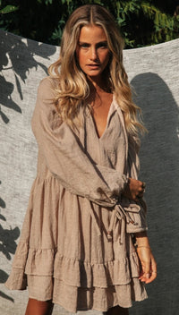 V-Neck Lace-Up Lantern Sleeve Dress