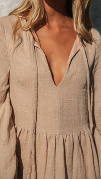 V-Neck Lace-Up Lantern Sleeve Dress
