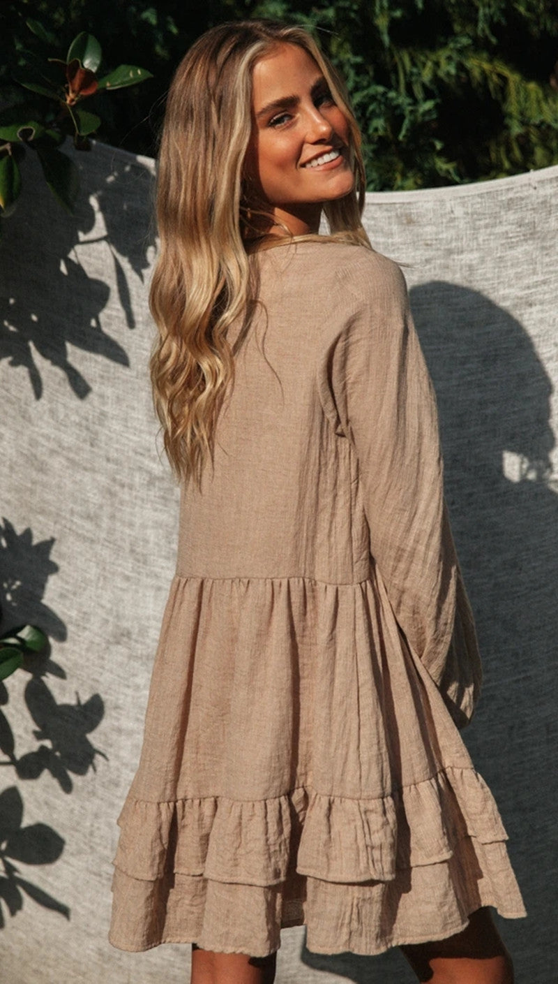 V-Neck Lace-Up Lantern Sleeve Dress