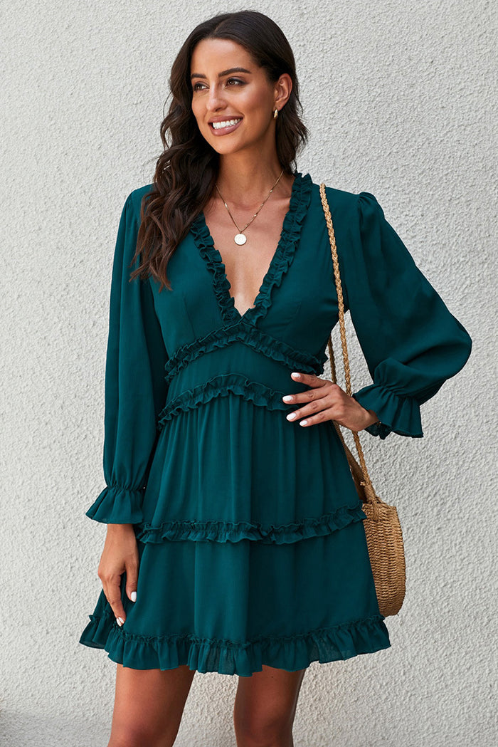 Sexy Deep V Ruffled Knee-Length Dress
