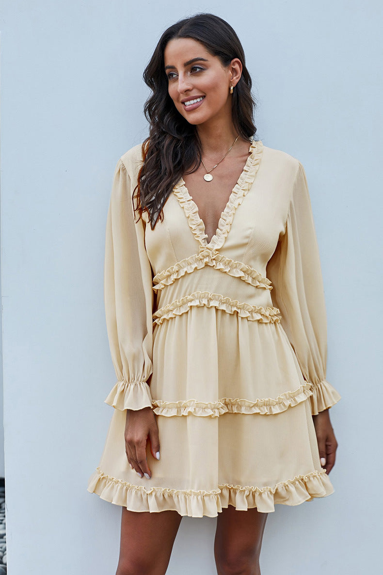 Sexy Deep V Ruffled Knee-Length Dress