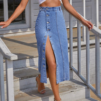 Buttoned Irregular Asymmetric Slit High-Waisted Denim Long Skirt