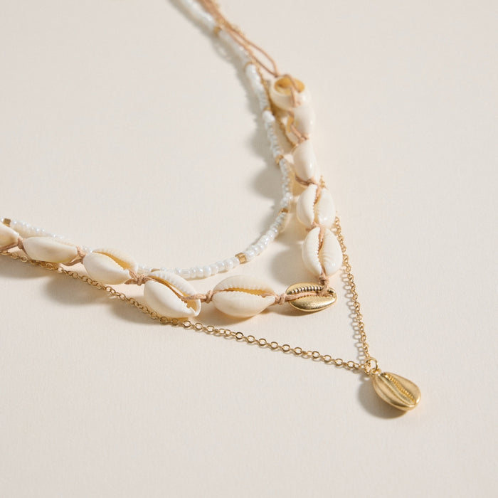 Layered Cowrie Shell and Beaded Necklace