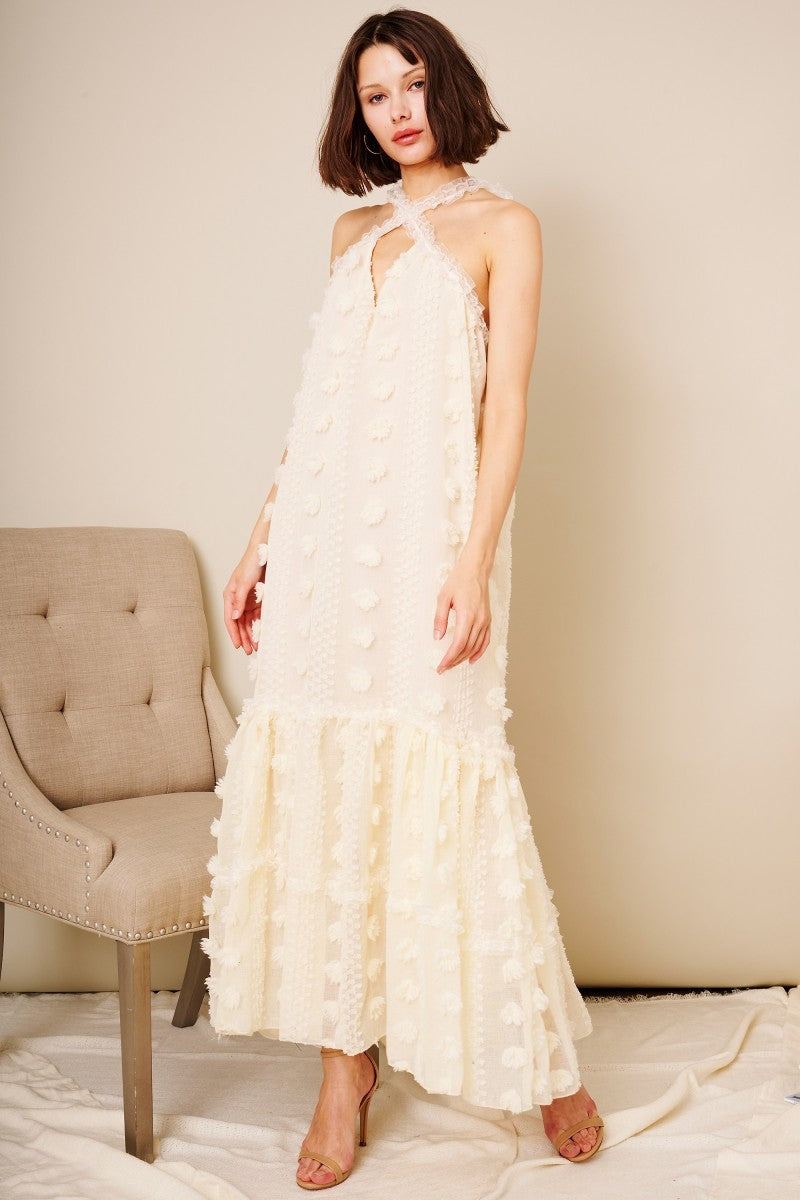 Halter Three Dimensional Floral Mop Tiered Dress