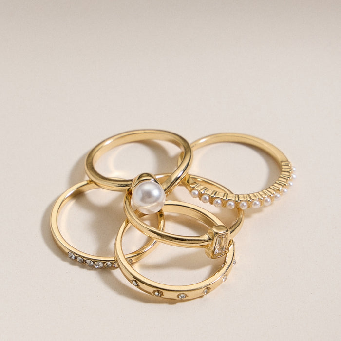 Gold Pearl and Crystal Ring Set