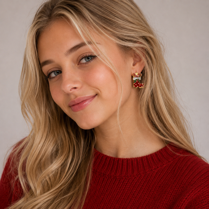 Enamel Christmas Stocking Stud Earrings | Holiday Gift Charm