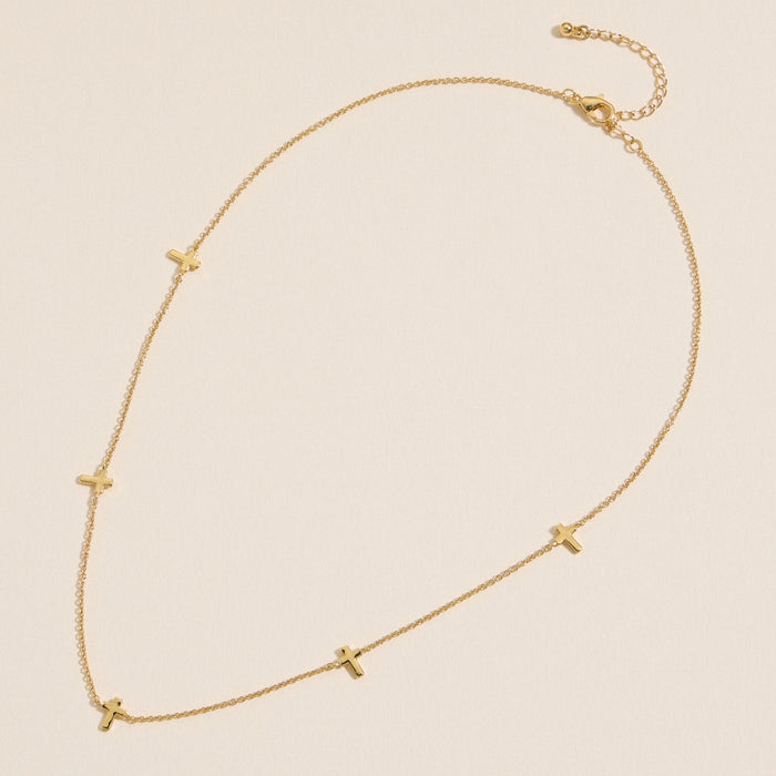 Gold Cross Charm Station Necklace