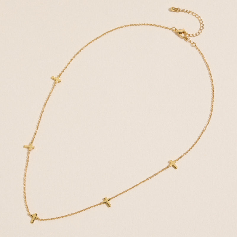 Gold Cross Charm Station Necklace