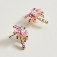Pink Enamel Palm Tree Stud Earrings | Crystal & Pearl Tropical Earrings