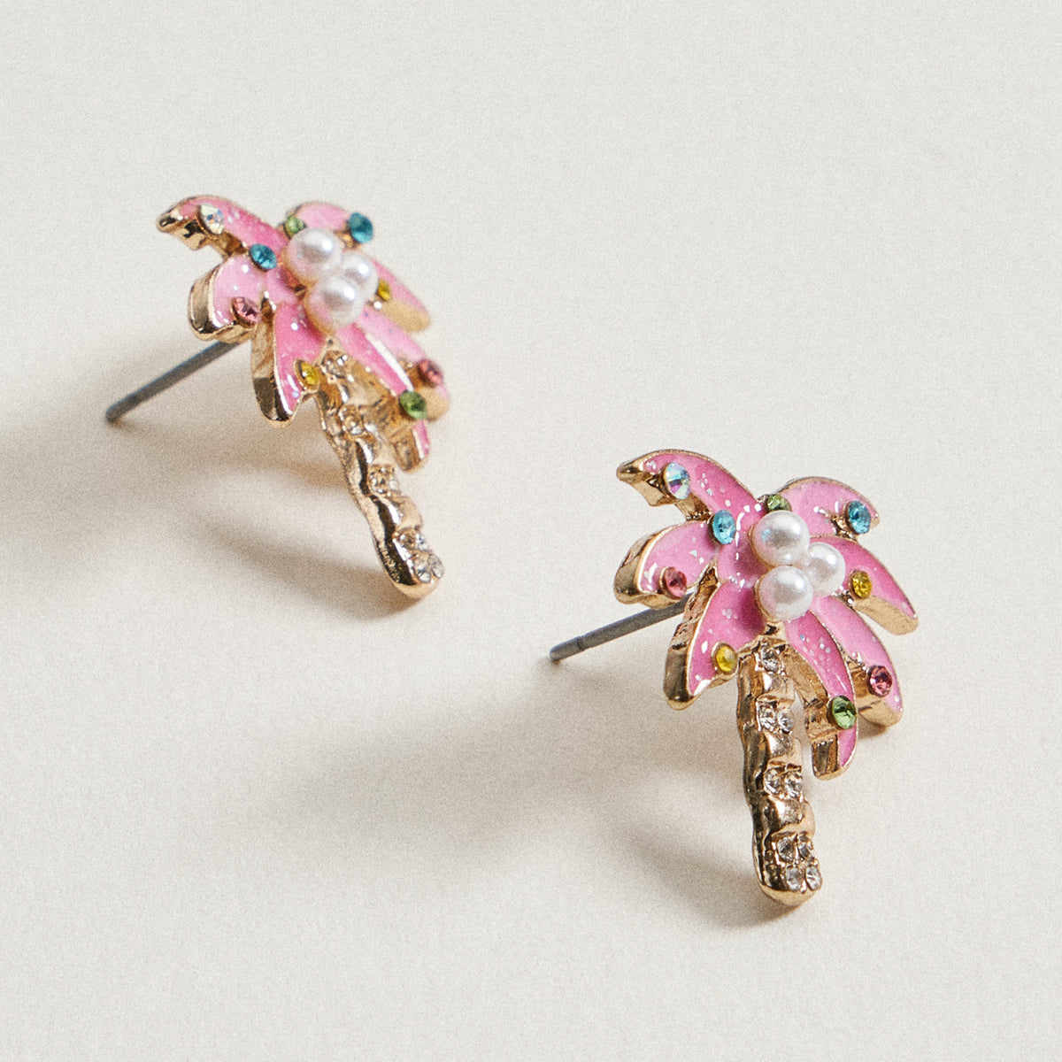 Pink Enamel Palm Tree Stud Earrings | Crystal & Pearl Tropical Earrings