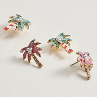 Pink Enamel Palm Tree Stud Earrings | Crystal & Pearl Tropical Earrings