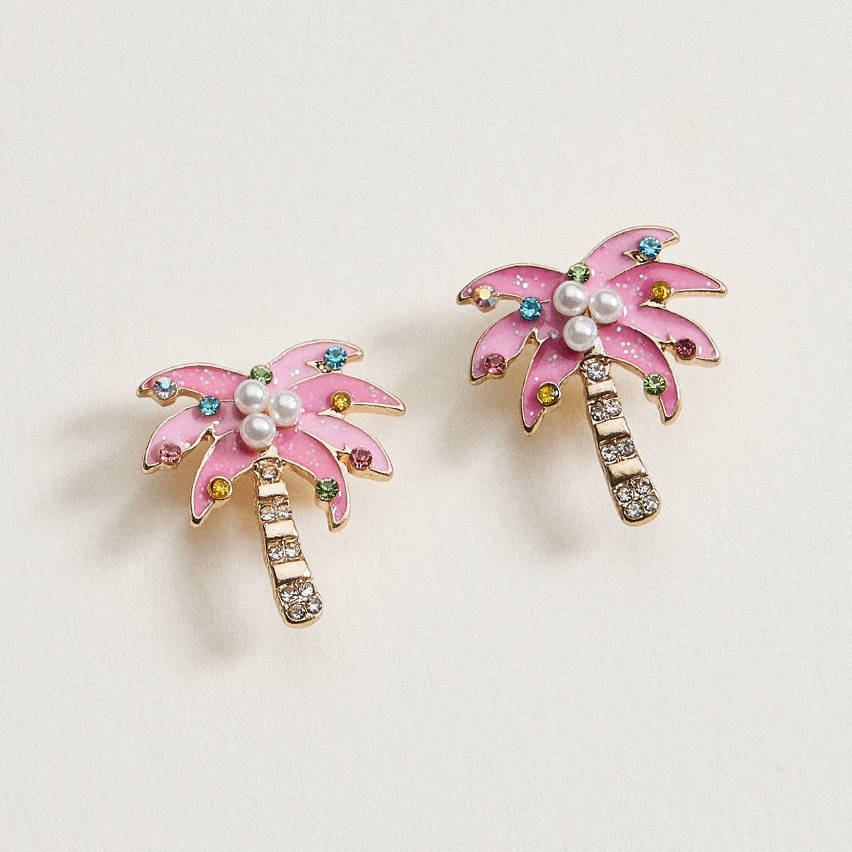 Pink Enamel Palm Tree Stud Earrings | Crystal & Pearl Tropical Earrings