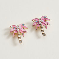 Pink Enamel Palm Tree Stud Earrings | Crystal & Pearl Tropical Earrings