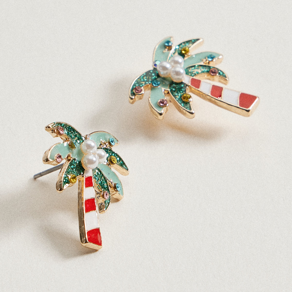 Green Christmas Palm Tree Stud Earrings | Pearl & Crystal Tropical Earrings
