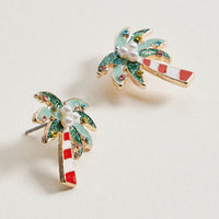 Green Christmas Palm Tree Stud Earrings | Pearl & Crystal Tropical Earrings