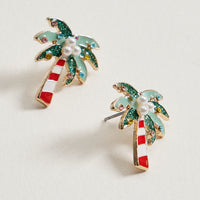 Green Christmas Palm Tree Stud Earrings | Pearl & Crystal Tropical Earrings