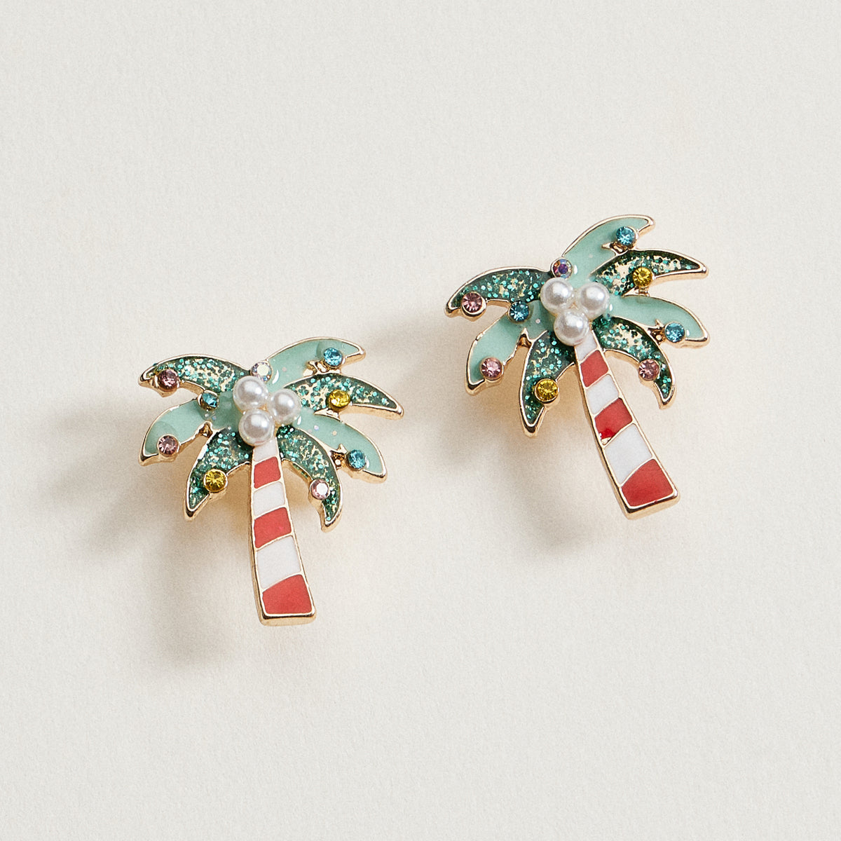 Green Christmas Palm Tree Stud Earrings | Pearl & Crystal Tropical Earrings