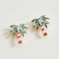 Green Christmas Palm Tree Stud Earrings | Pearl & Crystal Tropical Earrings