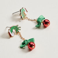 Enamel Green Monster Ornament Earrings | Christmas Bell Dangle Earrings