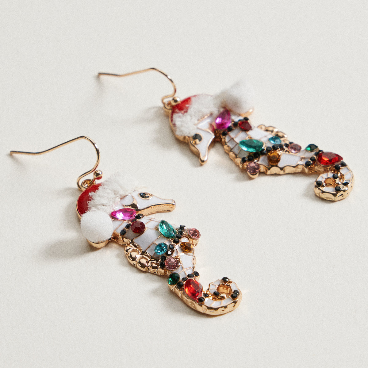 Enamel Santa Seahorse Earrings | Rhinestone Holiday Dangle Earrings